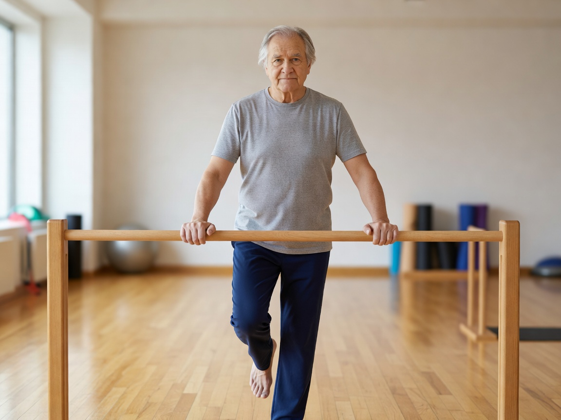 Older adult practising balance beside a stable support