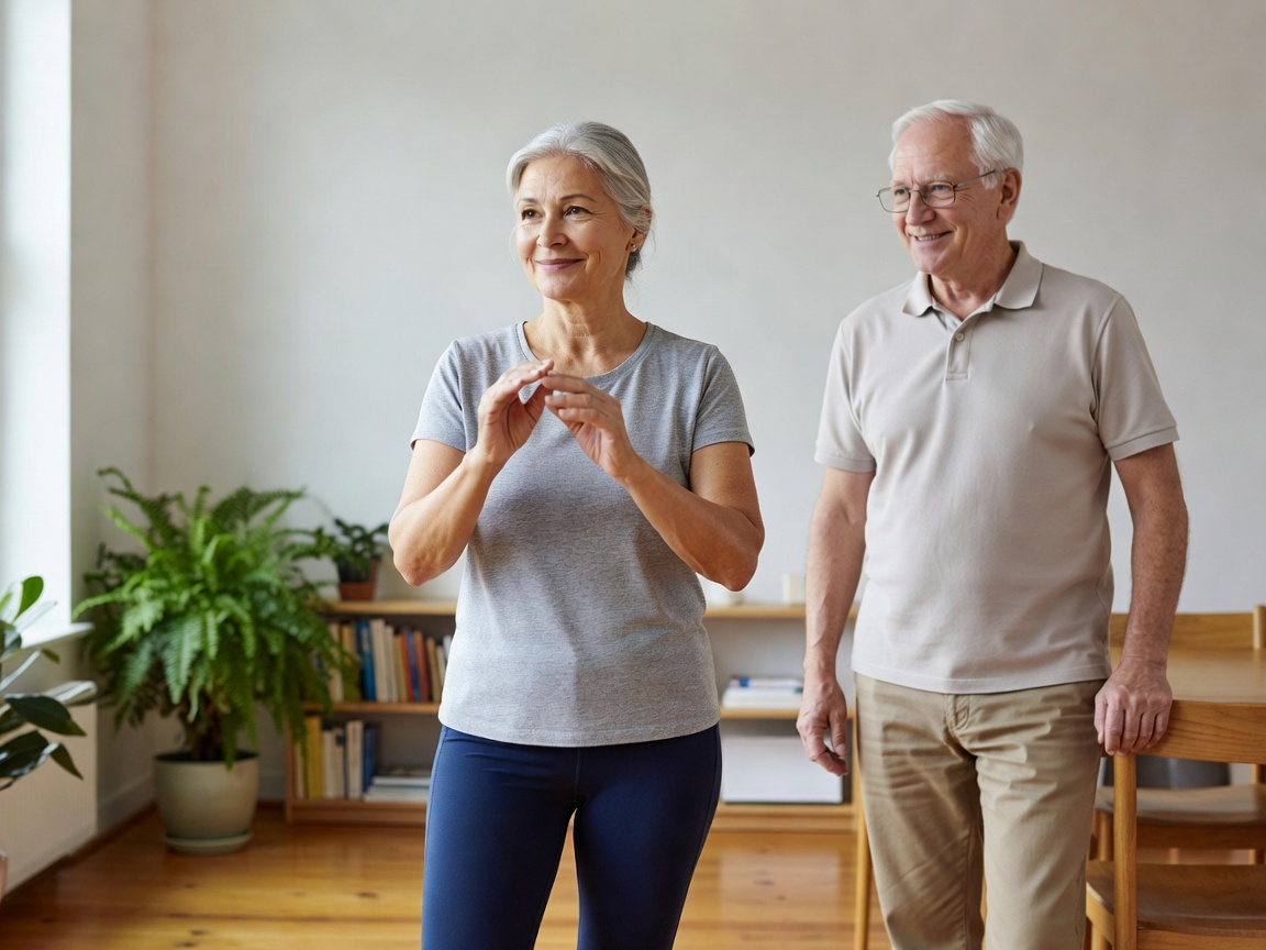 Older adult preparing for gentle exercise with a supportive friend nearby