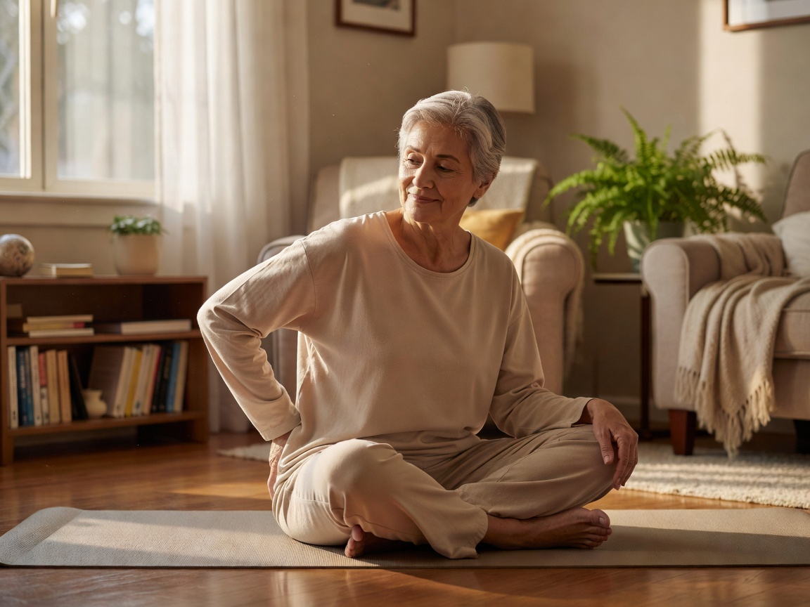 Older adult practising gentle mobility movements at home