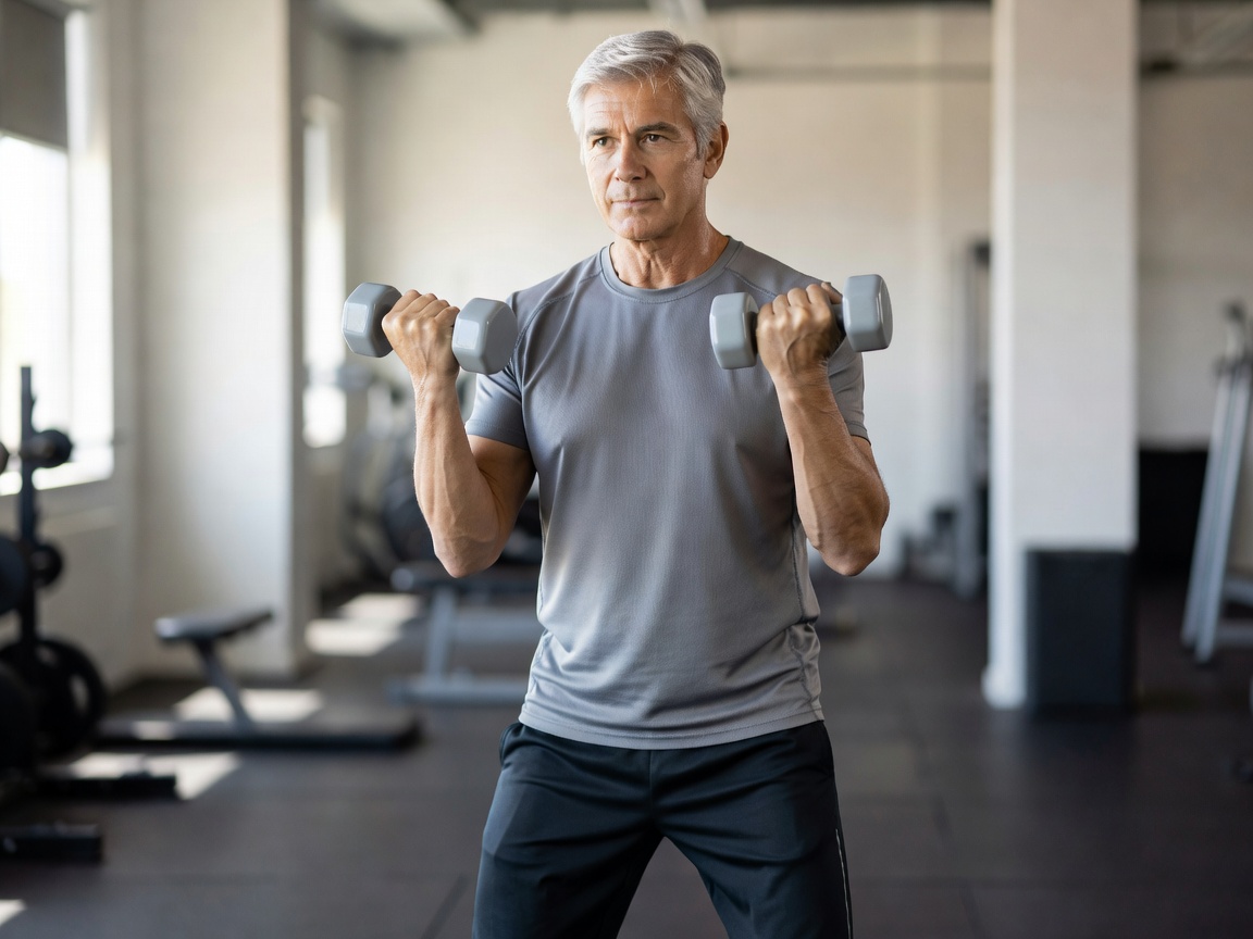 Older adult performing a controlled strength exercise with light weights