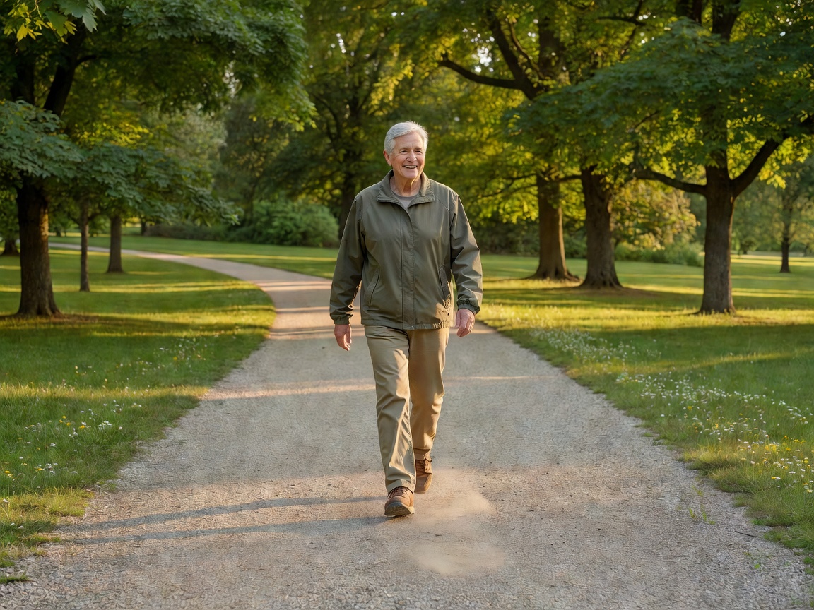 Older adult walking outdoors on a level path