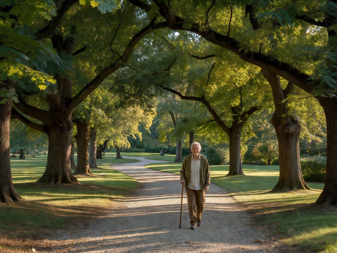 Older adult walking along a tree-lined path